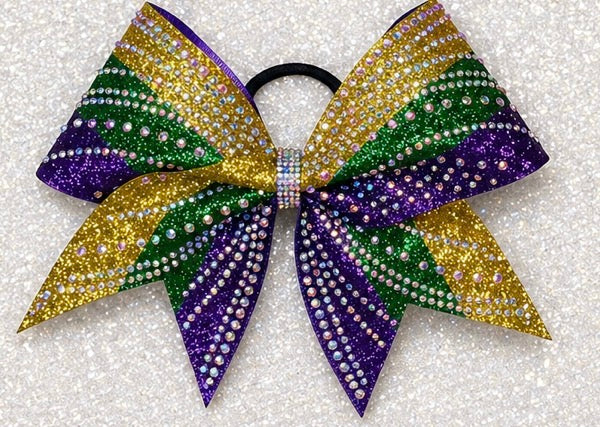 Mardi Gras Rhinestone Cheer Bow – Purple, Green & Gold